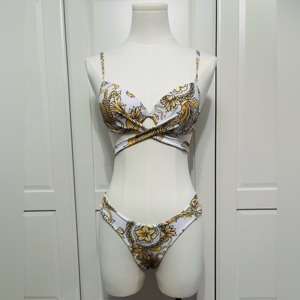 White & Gold Floral Print Bikini Set in Sizes S, M, L